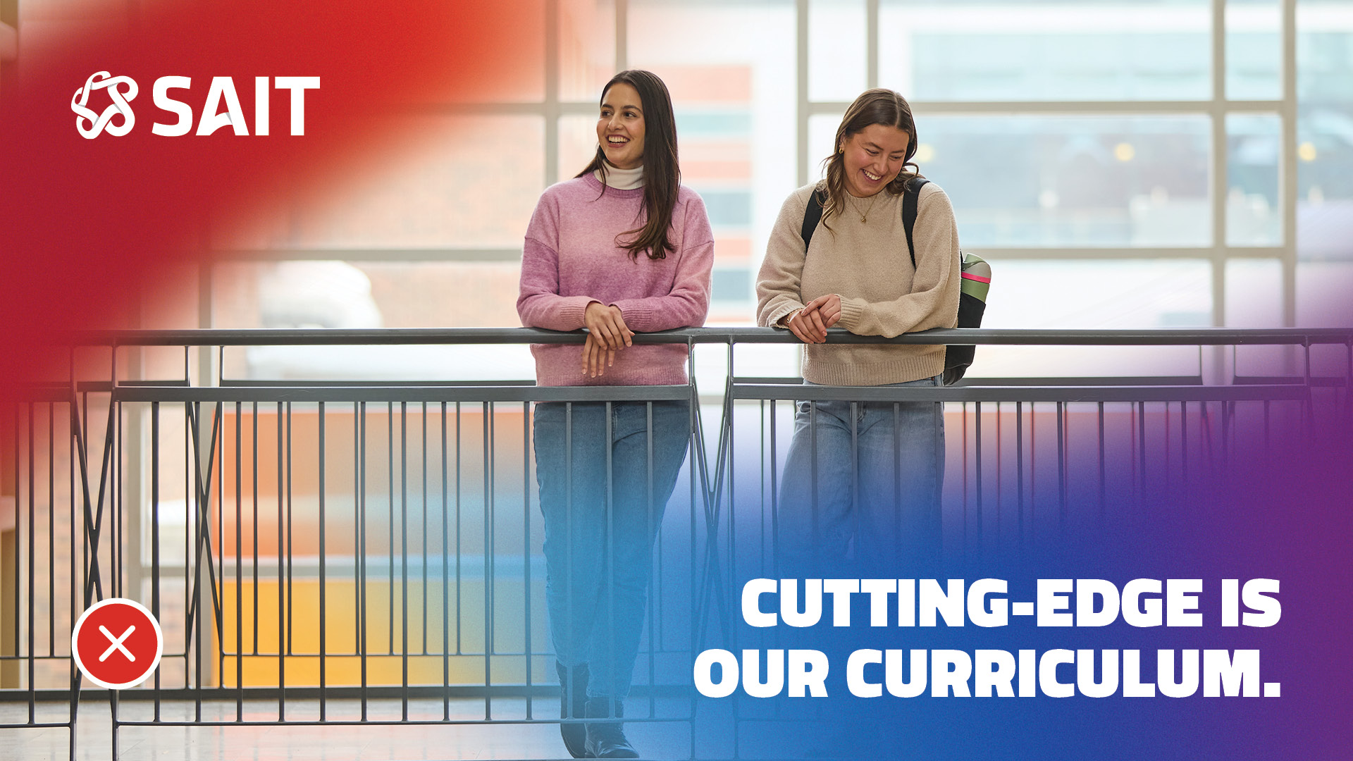 Two students casually smiling and leaning on a railing in a modern educational setting, with the text "CUTTING-EDGE IS OUR CURRICULUM." prominently displayed.