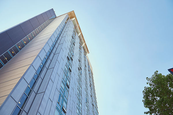 A look up at the Begin Tower from the entrance.