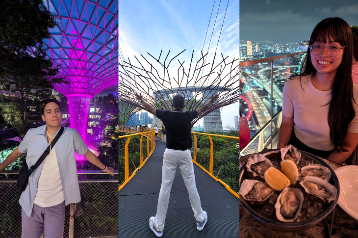 Students Andres-Daniel Torres-Ferrerosa (left), Mae Ison (right) and new grad Sean McIntyre (centre) pose at some of the iconic sights in Singapore during their three-week Study Abroad exchange.