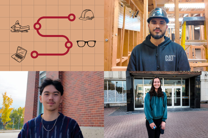 three students and a graphic featuring a laptop, snowmobile, hard hat and glasses icon